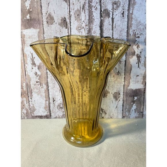 Vintage MCM Hand Blown Amber Art Glass Vase Fluted Ruffled